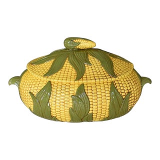 Ceramic Corn Motif Serving Tureen With Lid in Green and Yellow - Signed 1972 For Sale