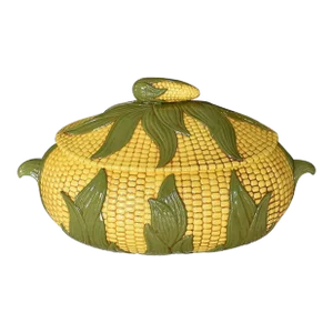 Ceramic Corn Motif Serving Tureen With Lid in Green and Yellow - Signed 1972