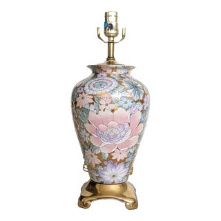 Vintage Asian Hand Painted Pink Floral and Liquid Gold Porcelain Table Lamp For Sale