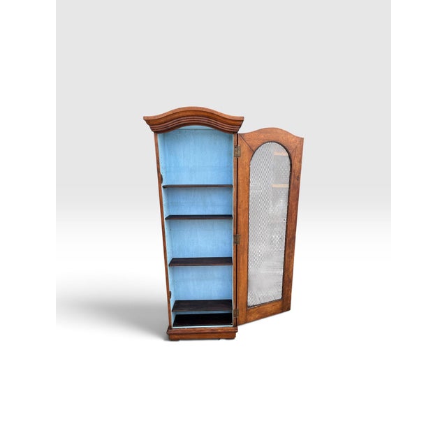 Antique Tall Wood Wall-Hanging Display Cabinet With Arched Wire Mesh Door For Sale - Image 4 of 9