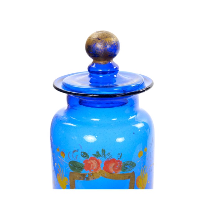 Italian Mid-20th Century Italian Gilt and Hand-Painted Cobalt Blue Glass Apothecary Jars For Sale - Image 3 of 18