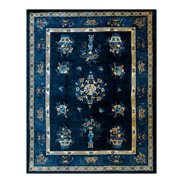 Exceptional Navy Blue Color With Lovely Chinoiserie and Floral Design Antique Chinese Perking Rug For Sale