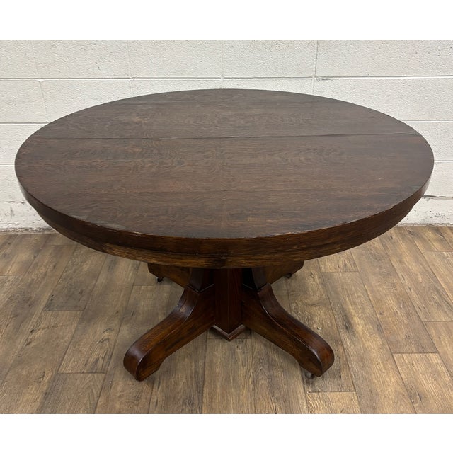 Antique Mission Arts and Crafts Tiger Oak Quarter Sawn Pedestal Dining Table For Sale - Image 11 of 18
