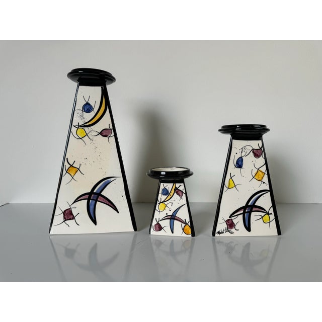 Postmodern 1990s Postmodern - Style Michael Anthony Hand Painted Art Ceramic Candle Holders - Set of 3/ Sold For Sale - Image 3 of 11