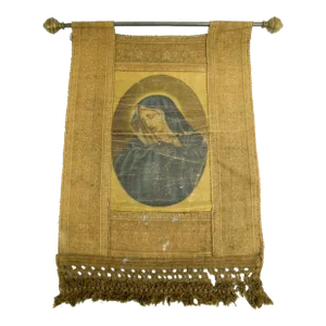 19th Century Italian Religious Wall Hanging Textile Banner Madonna Icon Oleograph Tapestry With Tassels & Bar