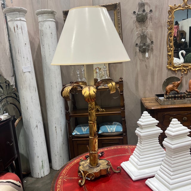 Mid-Century Modern Gilt-Metal Palm Tree Table Lamp in the Style of Maison Jansen Including paper shade