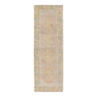 Vintage Turkish Oushak Runner With Geometric Medallions in Light Blue and Yellow For Sale