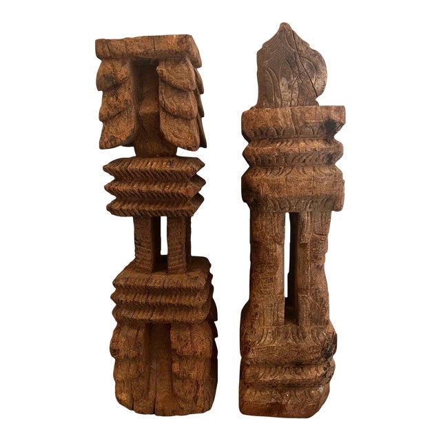 18th Century Carved Wooden Candle Sticks from Burma - A Pair For Sale