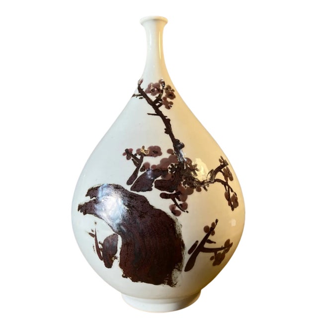 Antique White Mid-Century Asian White Pottery Bottle Vase With Brown Plum Blossoms For Sale - Image 8 of 17