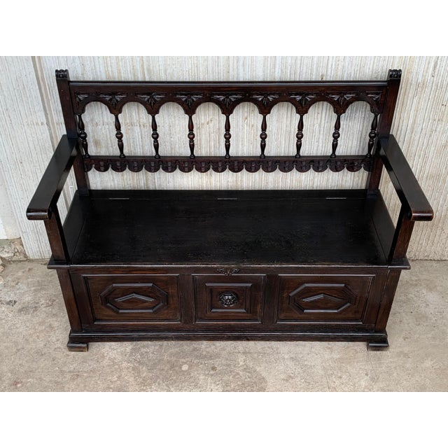 19th Spanish Carved Hall Bench With Storage For Sale - Image 6 of 13