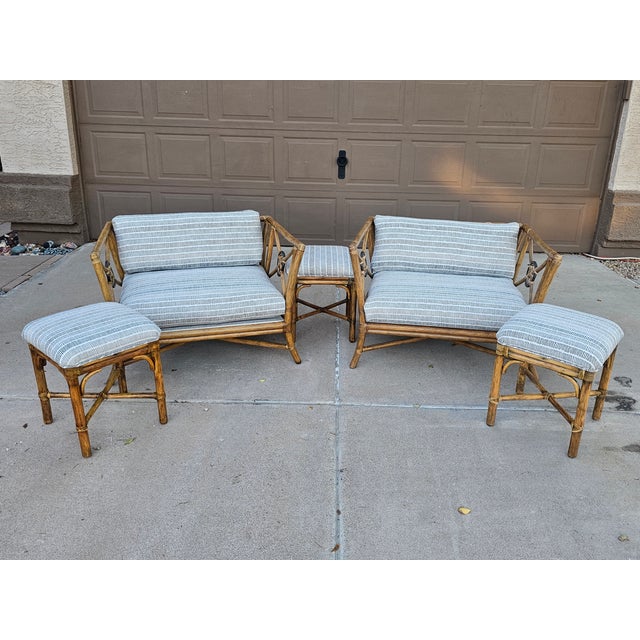 McGuire Pair of McGuire Target Back Lounge Chairs With 3 McGuire Footstools For Sale - Image 4 of 18