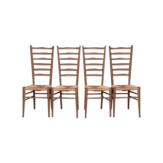 Exceptional set of four tall ladder back dining side chairs in the style of Gio Ponti, Italy, c. 1950s. Each chair...