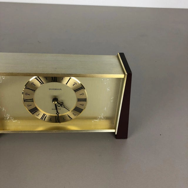Gold Vintage Modernist Wooden Teak Brass Table Clock from Dugena, Germany, 1960s For Sale - Image 8 of 16