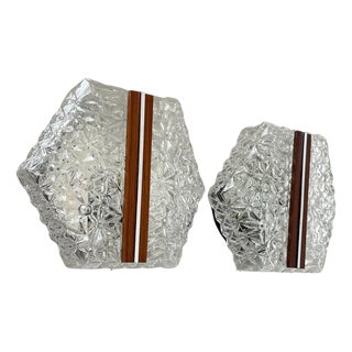 Textured Glass and Teak Wall Lights, Germany, 1970s, Set of 2 For Sale