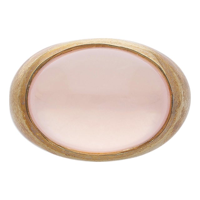 16 Carat Oval Pink Quartz Cabochon 14k Yellow Gold Vintage Dome Bold Signet Ring, Size 7 For Sale