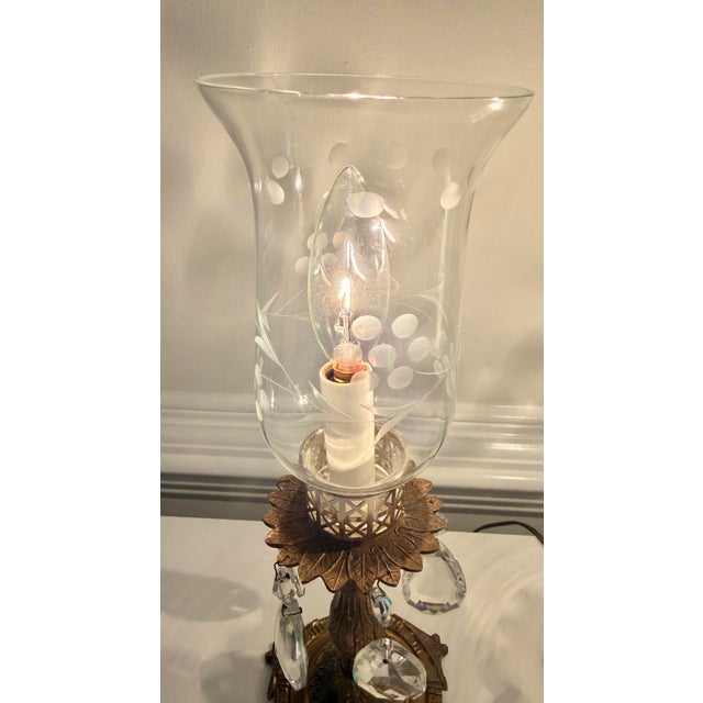 Pair of Vintage Brass Accent Lamps With Chandelier Crystal Prisms & Etched Glass Shades For Sale - Image 10 of 12