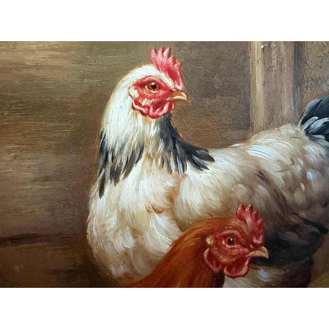 Realism Vintage Signed Rooster and Chickens Oil Painting Farmyard Hen Scene, Gold Frame For Sale - Image 3 of 12