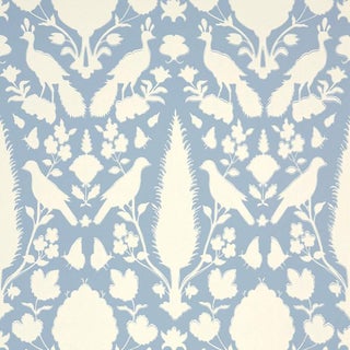 Sample - Schumacher Chenonceau Damask Wallpaper in Sky Blue For Sale