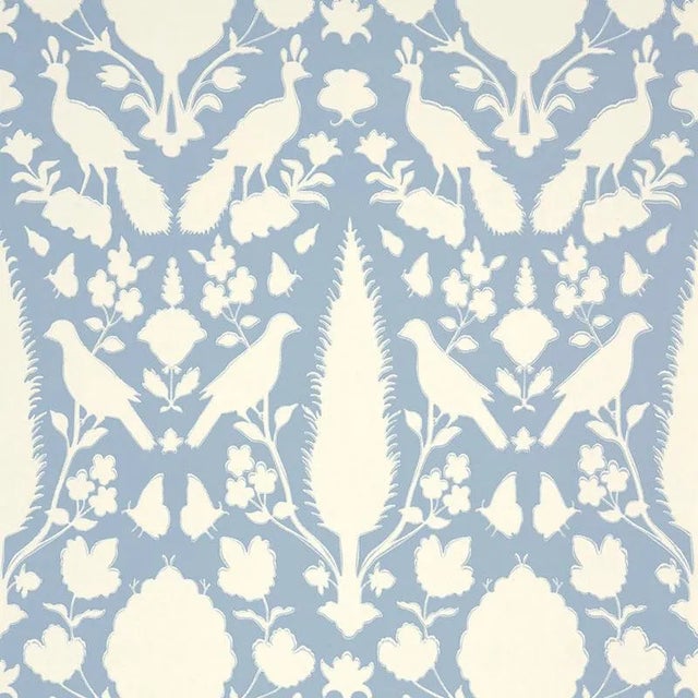 Sample - Schumacher Chenonceau Damask Wallpaper in Sky Blue For Sale