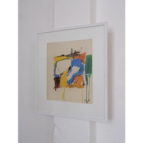 Vibrant mid-century gouache painting by Swedish artist Leopold Fare, dated 1964. The composition features dynamic abstract...