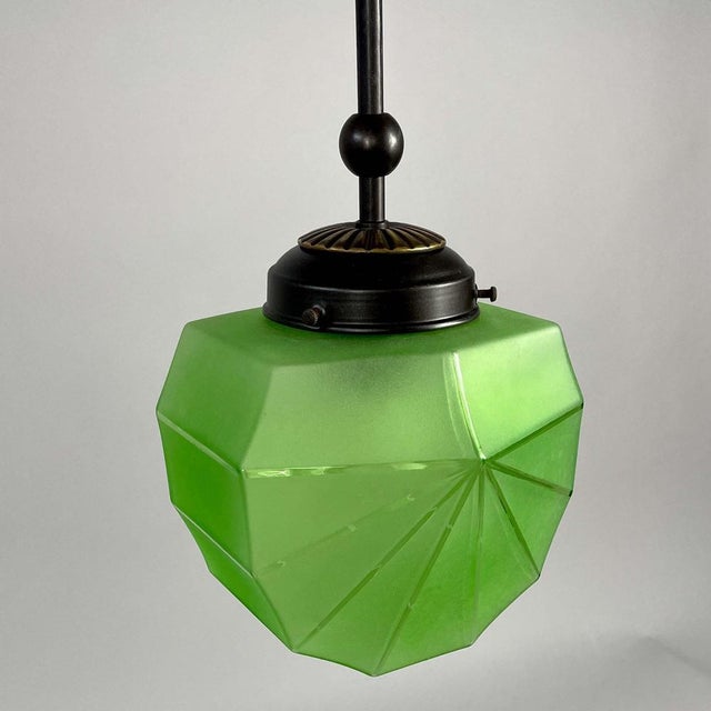 Green Swedish Green Uranium Glass and Burnished Brass Pendant from Böhlmarks, 1930s For Sale - Image 8 of 18