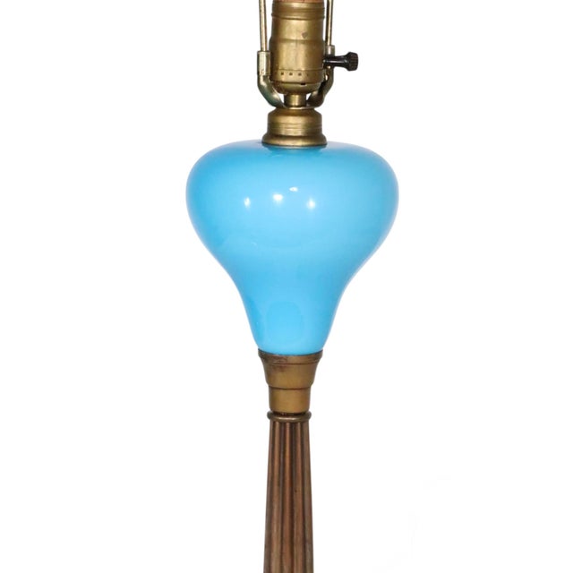Early 20th Century Early 20th Century Electrified Oil Lamp With French Blue Opaline Glass Font For Sale - Image 5 of 10