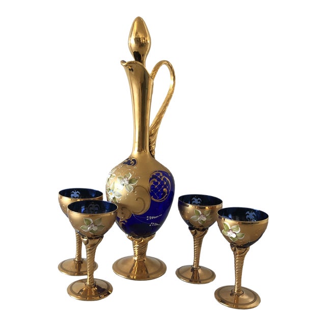 Murano Blue Glass and 24k Gold Leaf Decanter Set With Four Wine Glasses