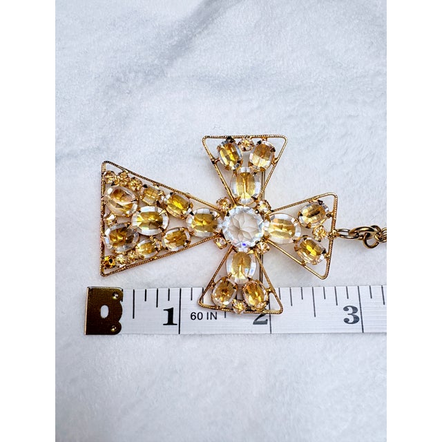 1960s Signed Schreiner New York Cross Pendant Brooch Clear Crystal With Original Chain For Sale - Image 9 of 15