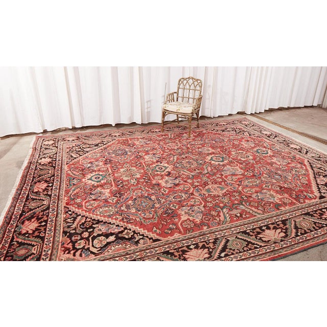 Modern vintage Persian Mahal hand-knotted wool rug featuring an intricately decorated ruby red field with triangular...