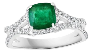 1.3 Carat Cushion Cut Emerald and 1.2 Carat Diamond Ring 14 Karat White Gold