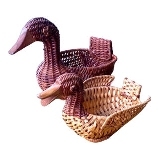 Vintage 1970’s Era Nesting Duck and Duckling Baskets - a Pair For Sale