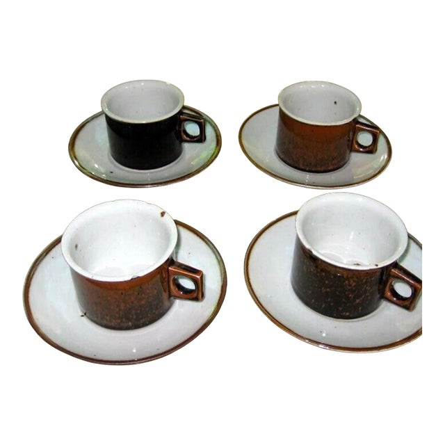 Vintage 1970s Dansk Denmark Brown Mist Ceramic Cups Saucers Discontinued - Set of 9 For Sale