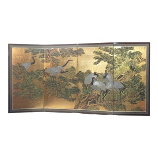 Antique Asian Hand Painted Screen With Cranes For Sale