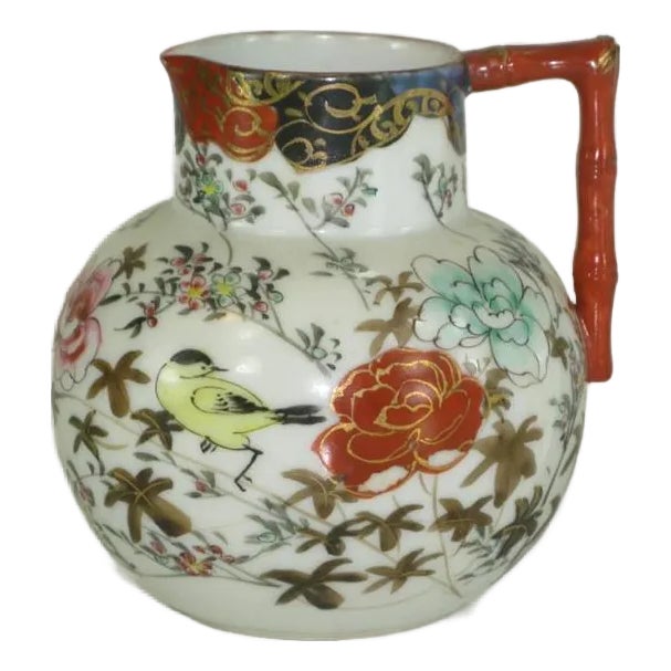 Antique Japanese Satsuma Pitcher Hand Panted Bird Floral 1800's Signed For Sale