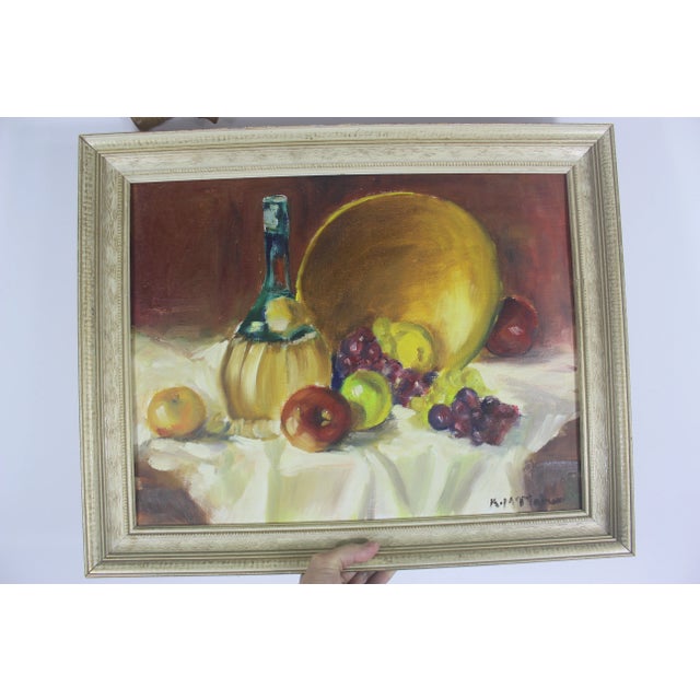 Vintage Oil Painting Still Life With Fruit and Wine Carafe Colorful Colourful, Signed Original Art, Framed Mid Century Modern, Boho For Sale - Image 10 of 10
