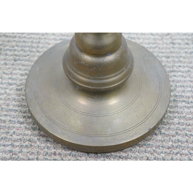 Mid 20th Century 2 Moroccan Etched Brass Altar Floor Candlesticks Candle Holders 36" For Sale - Image 12 of 13