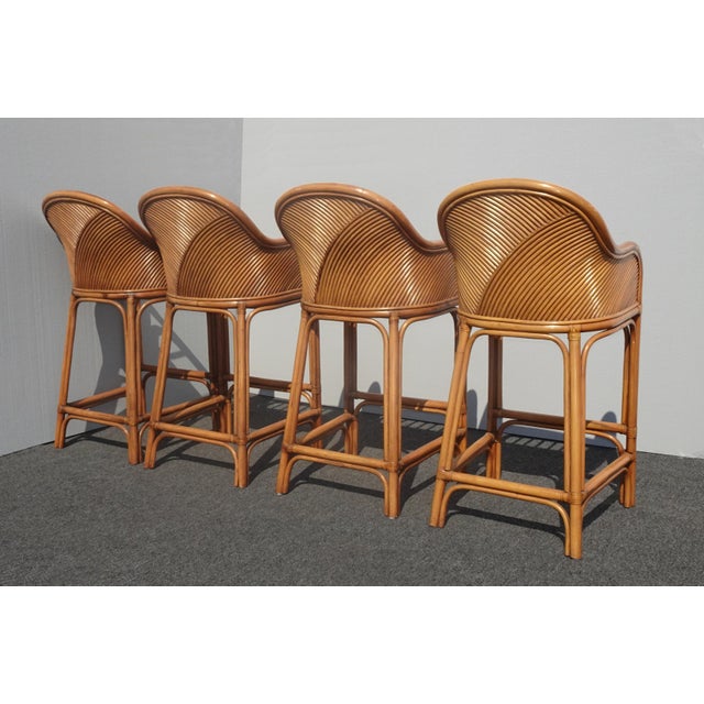 Set Four Tiki Palm Beach Style Bamboo Rattan Bar Stools W Green Cushion  French