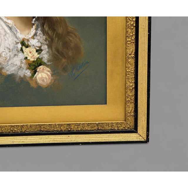 Mid 20th Century Antique Pastel Portrait Painting Young Woman Victorian Gilt Frame Framed Art For Sale - Image 5 of 7