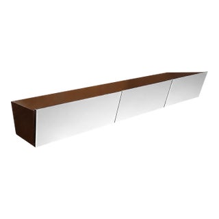 Architectural Modern Floating Credenza With Angled Faceted Mirrored Front and Brown Mica Case, Circa 1970s For Sale