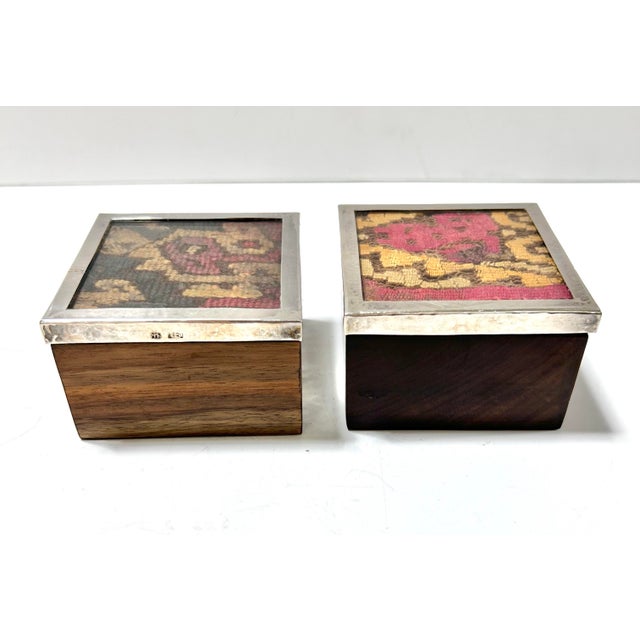1960s 1960s Sterling Silver & Exotic Wood Boxes With Antique Textile Top Peruvian - Set of 2 For Sale - Image 5 of 11