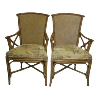 1980s Tommy Bahama Style Arm Chair Bamboo Rattan Upholstered Seat Set of 2 For Sale