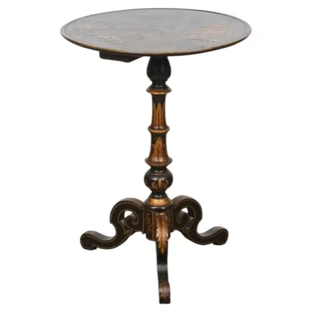 Ebonized Gilt Chinoiserie Round Side Accent Pedestal Table For Sale - Image 4 of 12