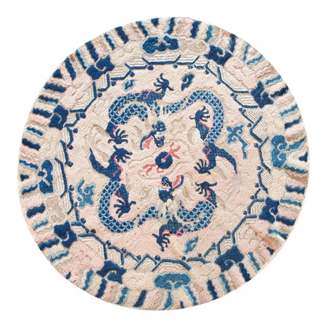 1890s White Blue Medallion Hand Knotted Wool Rug Antique Chinese Round Ningxia Dragon 4' X 4' Carpet For Sale