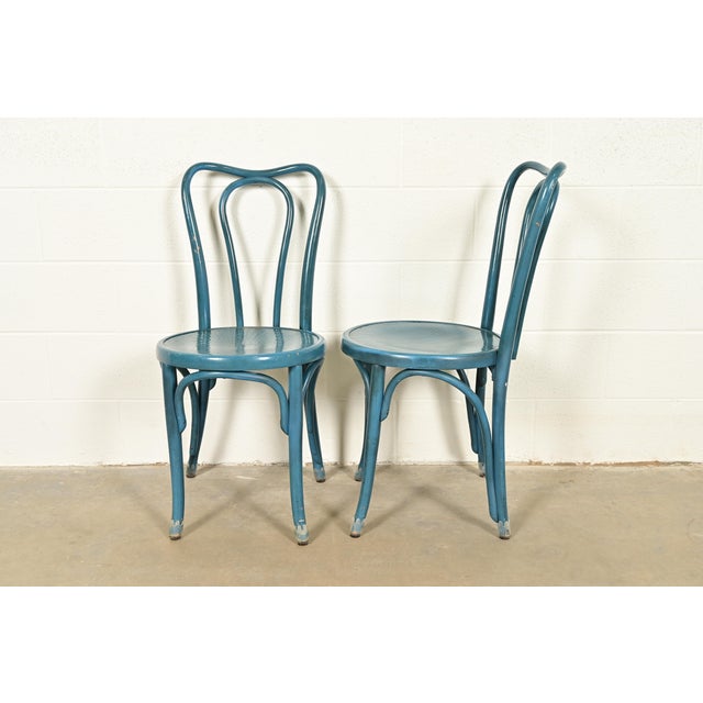 Jacob & Josef Kohn Antique Austrian Teal Lacquered Bentwood Bistro Chairs or Dining Chairs, Pair For Sale - Image 11 of 16