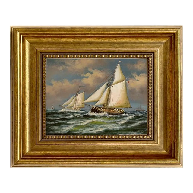 Puritan and Genesta Framed Print on Canvas in Antiqued Gold Frame. 5" X 6" Print, Framed to 8-1/2" X 9-1/2" For Sale