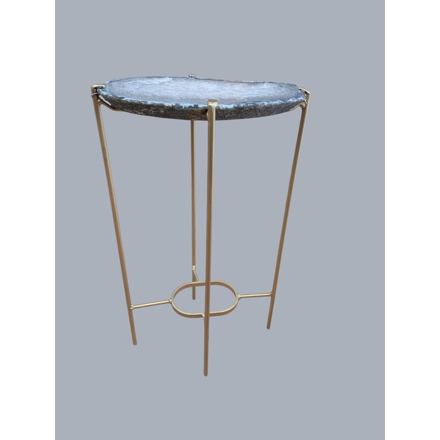 Unusual Modern Handcrafted Drinks Table. Oval agate geode top with gilded steel base. Dramatic mottled Purple with Gray-...