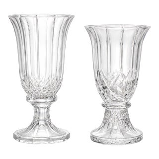 Near Pair of Vintage Heavy Cut Glass Hurricane Candle Holders on Pedestal Bases For Sale