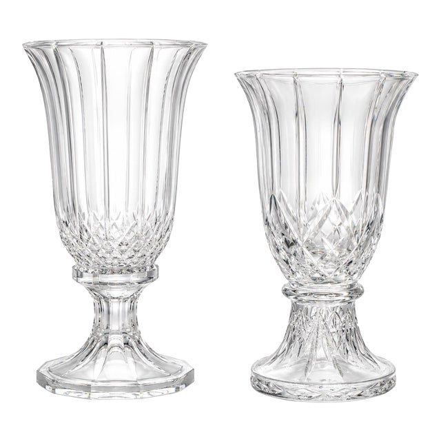 Near Pair of Vintage Heavy Cut Glass Hurricane Candle Holders on Pedestal Bases For Sale