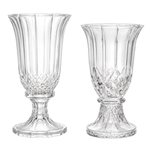 Near Pair of Vintage Heavy Cut Glass Hurricane Candle Holders on Pedestal Bases