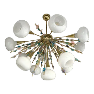 Contemporary Brass Sputnik Chandelier Flowers Murano Glass White Cup, Italy